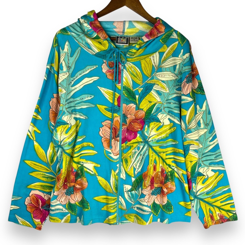 Take Two Floral Zip Up Hoodie Tropical 100% Cotton Sequin Jacket Vacation 1X
